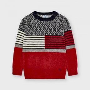 Mayoral mini boys patterned jumper, red, navy, grey, white, round neck 4358