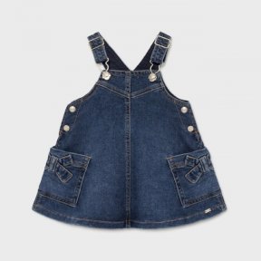 Mayoral baby girls denim dungaree dress, popper side fastenings, pockets to the front, bow detail 2905