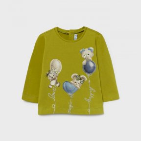 Mayoral baby girls olive round neck top, long sleeved, popper fastening to back, bear, balloon print design 2085