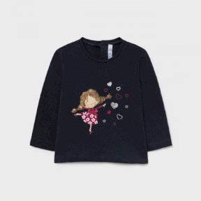 Mayoral baby girls long sleeved, navy top, round neck, popper fastening, print design to front 2085