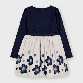 Mayoral mini girls long sleeved dress, navy, beige, floral pattern, belt, zip fastening 4916