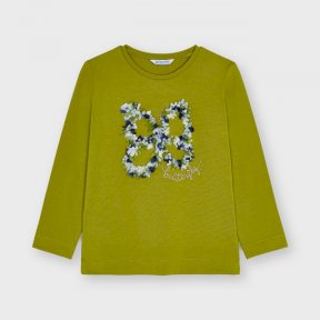 Mayoral mini girls long sleeved round neck top, olive green, butterfly design 4013