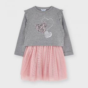 Mayoral mini girls sleeveless pink dress with a tulle sparkly skirt, light grey long sleeved jumper with sparkly heart detail 4940