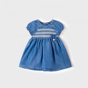 Mayoral newborn girls blue denim dree, short sleeved, smock detail, zip fastening 1872