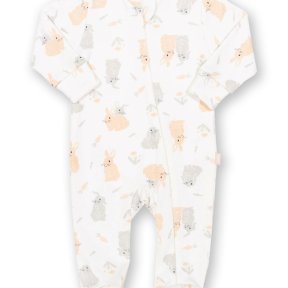Kite 100% organic cotton white sleepsuit, bunny print design, grey, beige, zip fastening to the front  21-8012-BUS
