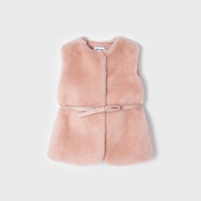 Mayoral mini girls faux fur gilet, blush pink, popper fastening, belt detail. 4312