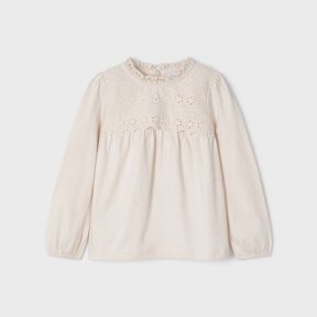 Mayoral mini girls long sleeved cream top, embroidery to top, button fastening. 4027
