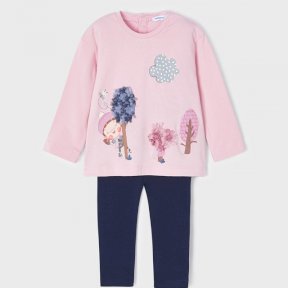 Mayoral baby girls pink top & navy leggings set, print design to top, popper fastening to back of top 2729