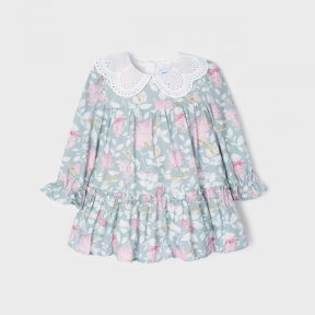 Mayoral baby girls long sleeved dress, zip fastening, embroidered collar, leaf pattern print. 2940