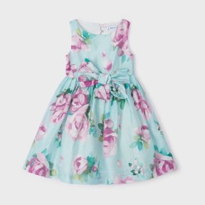 Mayoral mini girls dress, aqua, floral print, open back, button & zip  fastening, bow 3913