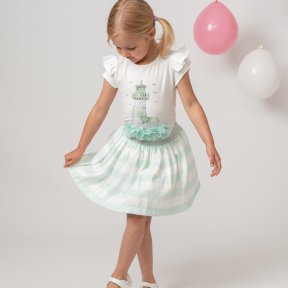 Caramelo Kids,  white top, short sleeves, shoulder frills, a mint green lighthouse print,  tulle flowers, pearls, diamanté detail. a mint and white stripe skirt, glittery silver elasticated waist,  tulle lining. 012285  