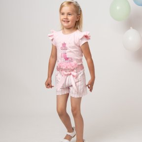 Caramelo Kids,  pink top, short sleeves, shoulder frills, a pink lighthouse print,  tulle flowers, pearls, diamanté detail. pink and white stripe shorts, adjustable elasticated waist,  ribbon belt, lace trim. 019092 