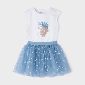 Mayoral mini girls tulle skirt, sleeveless top, white, blue, brown, applique on top 3950