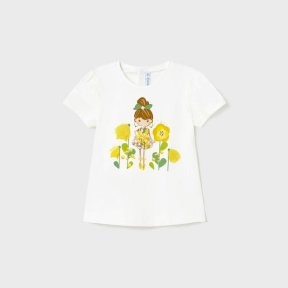 Mayoral baby girls short sleeved white top, round neck, popper fastening to the back, print design to the front. 1005