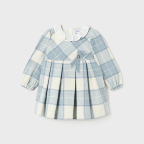 Mayoral baby girls blue checked dress, white collar, long sleeved, zip fastening 2977 