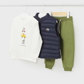 Mayoral baby boys navy gilet, zip fastening,  green elasticated waisted trousers, white long sleeved top, print design 2695