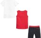A casual three-piece outfit for boys by Mayoral, made in soft and comfortable cotton jersey. The set comprises a pair of navy blue shorts with two T-shirts, one red and one white. Both tops have a sports print on the front and the shorts have an elasticat
