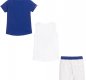 A casual three-piece outfit for boys by Mayoral, made in soft and comfortable cotton jersey. The set comprises a pair of grey shorts with two tops, 1 t-shirt in royal blue and one white vest. Both tops have a sports print on the front and the shorts have 