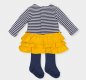Tutto Piccolo Girls Yellow, grey & navy stripped frilled cotton long sleeved dress and navy tights set. AW18 5294