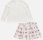 Mayoral baby girls ivory top and grey skirt set. The top has a fluffy squirrel appliqué  and popper fastenings. The cotton skirt has a woodland creatures print and adjustable waistband. A/W18 2958