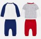 Mayoral newborn baby boys 4 piece interchangeable set. Which comprises of two bottoms, one red and one blue and two long sleeved tops, one cream and blue and one grey patterned. A/W18 2624