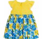 Younger girls yellow and blue dress from Mayoral. The bodice is made in soft cotton lace and the full floral skirt in lightweight cotton. It is fully lined in cotton, with ruffle sleeves and a bow on the waist.