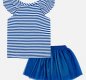 Mayoral girls skirt and t-shirt set. Royal blue, cotton and tulle, ruffle, striped, flowers.
