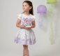 Caramelo Kids,  white top, short sleeves, shoulder frills, a mermaid print,  tulle flowers, pearls, diamanté detail, lilac skirt, shell design, glittery silver elasticated waist,  tulle lining. 012284  
