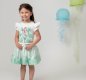 Caramelo Kids,  white top, short sleeves, shoulder frills, a mermaid print,  tulle flowers, pearls, diamanté detail, mint green skirt, shell design, glittery silver elasticated waist,  tulle lining. 012284  